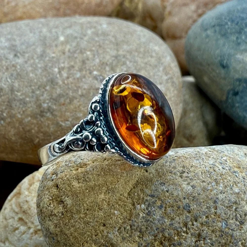 Vintage Cognac Baltic Amber Sterling Silver Filigree Ring Size 6